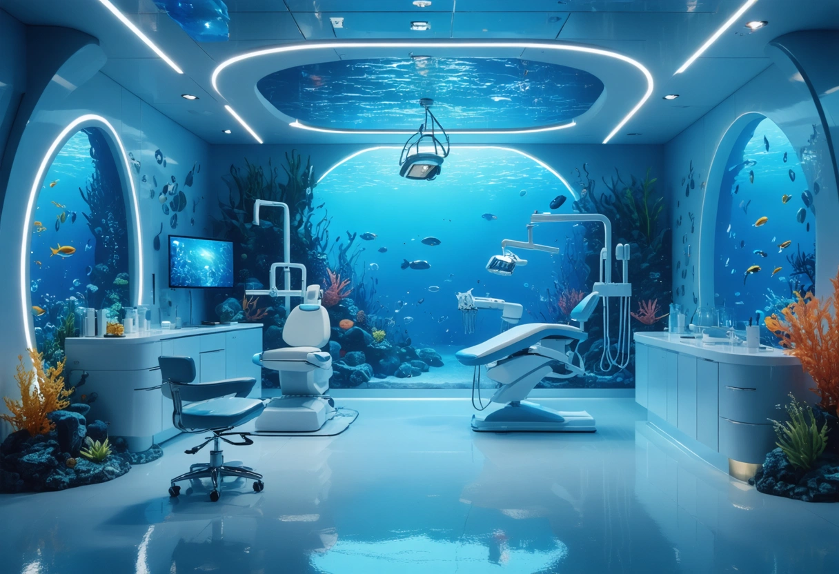 A futuristic dental studio with ocean-inspired decor, promoting relaxation and patient-centered care. The design encourages