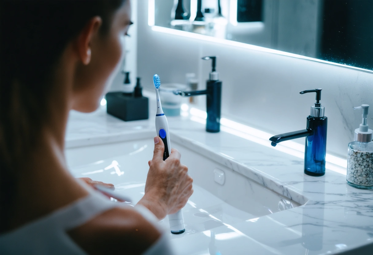 A modern bathroom with a person using an electric toothbrush, surrounded by sleek, high-tech gadgets.