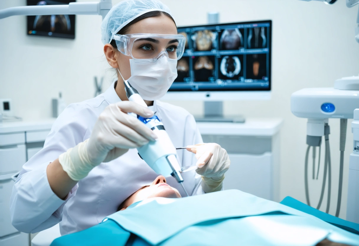 A modern dental treatment room featuring advanced laser equipment. The dentist demonstrates the technology to