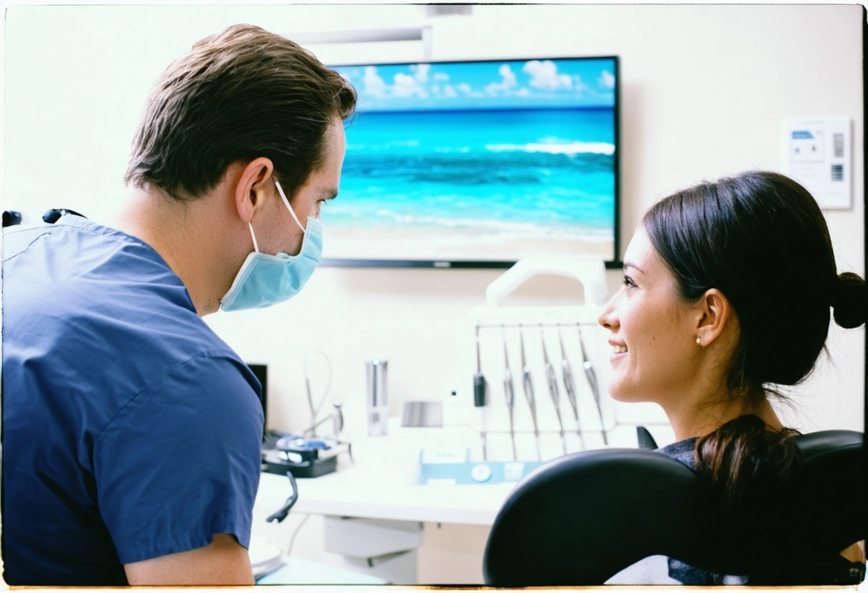 A patient consulting with a dentist about clear aligners, both looking at a chart. The