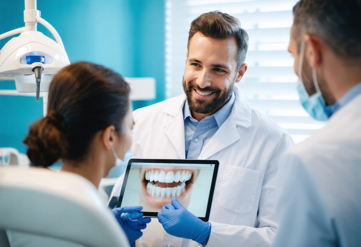 Patient consulting dentist with tablet in coastal-themed office
