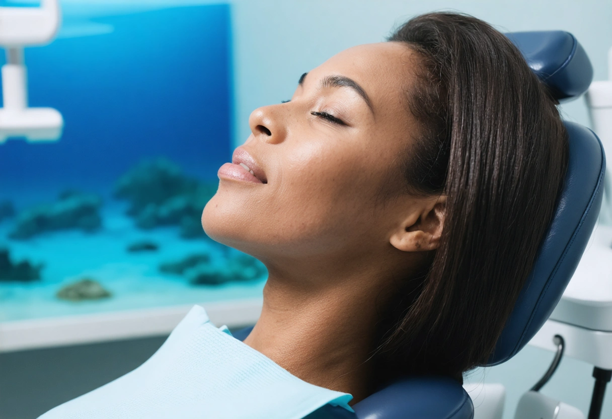 A patient practicing deep breathing exercises in a dental chair, guided by a calming voice.