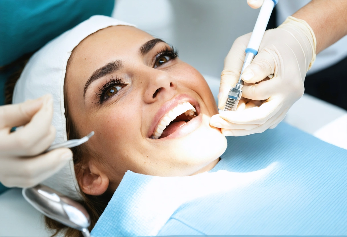 Patient receiving teeth whitening in sunlit, spa-like dental studio