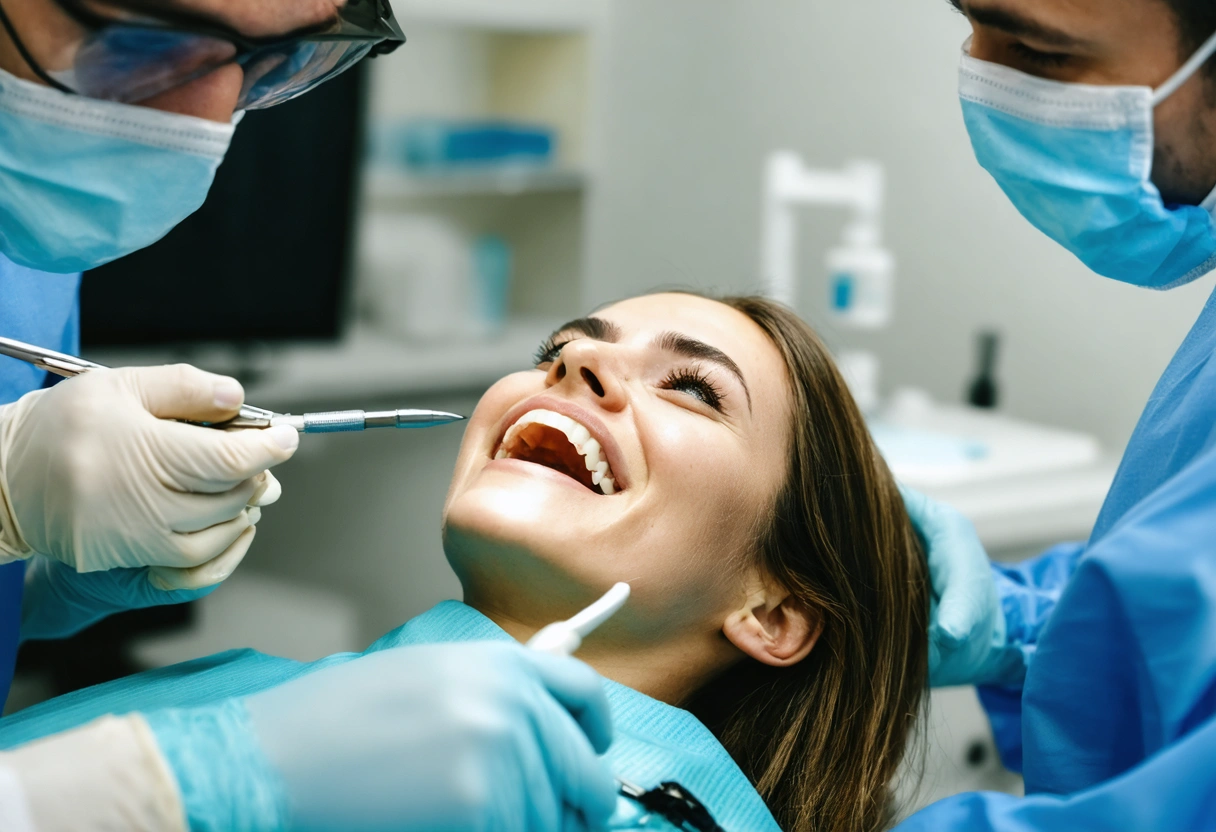 A patient receiving guidance from a dental team in a coastal-themed office. The setting is