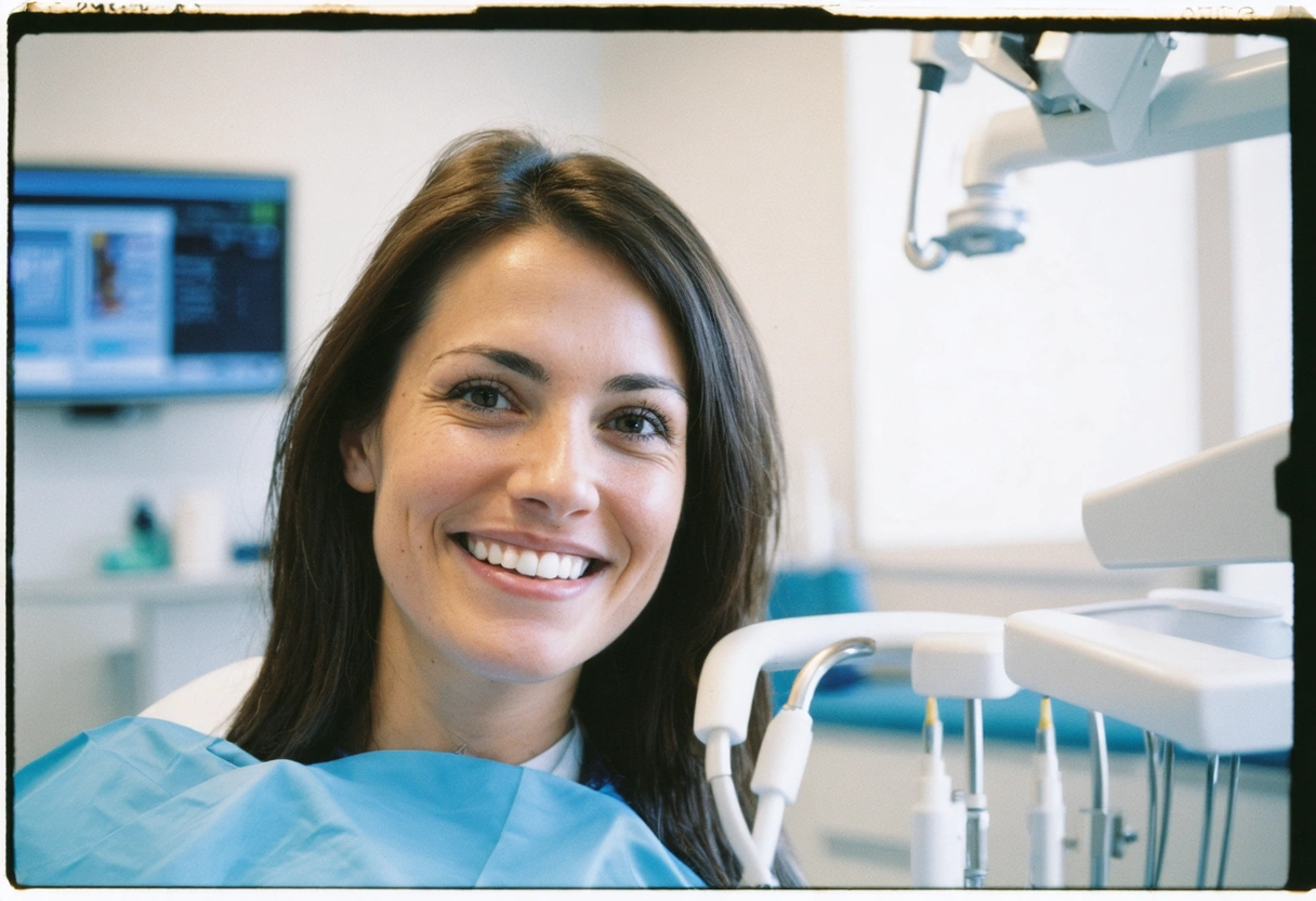 A patient smiling confidently in a dental studio, sharing their success story with the dentist.