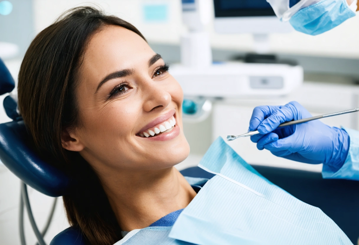 A patient smiling in a dental chair, feeling at ease during a cleaning. Soft lighting,