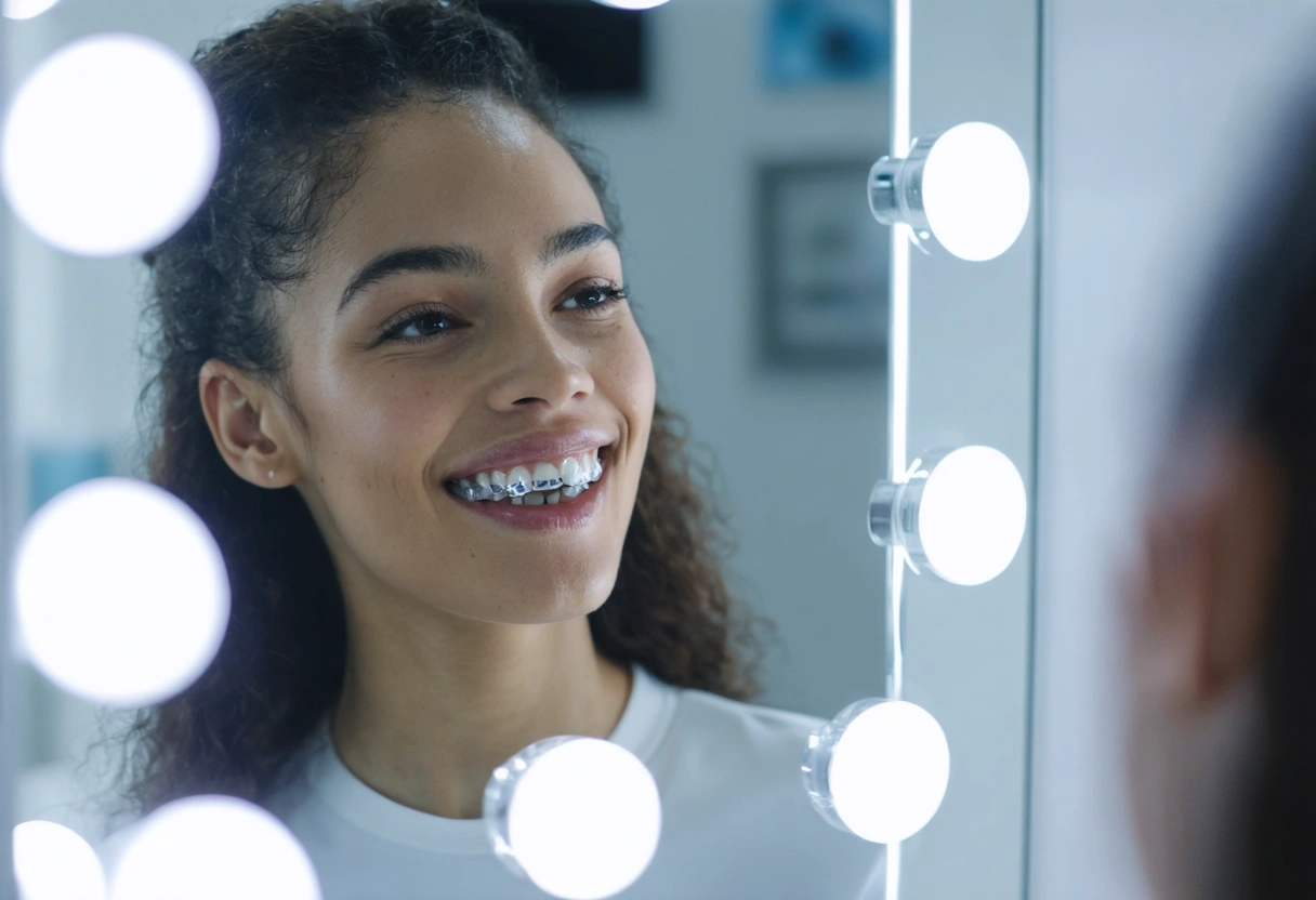 A patient smiling in front of a mirror, wearing clear aligners, in a modern dental