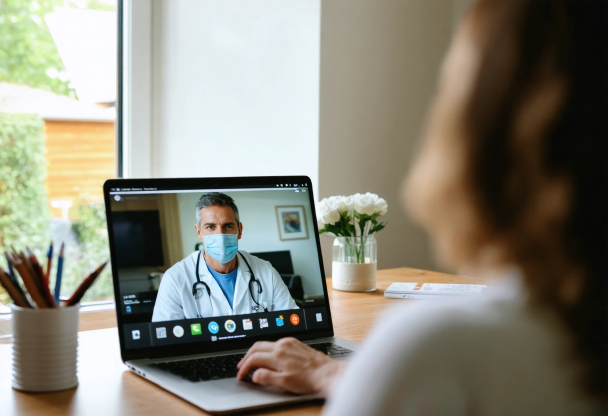 A patient using a laptop for a teledentistry consultation from home. The screen shows a