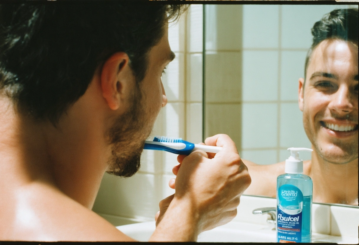 A person brushing their teeth in a sunlit bathroom, using fluoride toothpaste. Focus on technique,