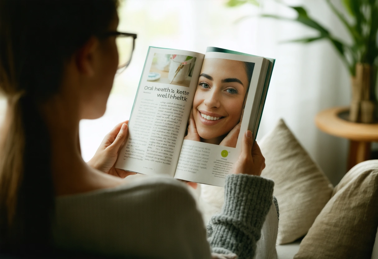 A person in a calm, softly lit room reading a health magazine, with a focus