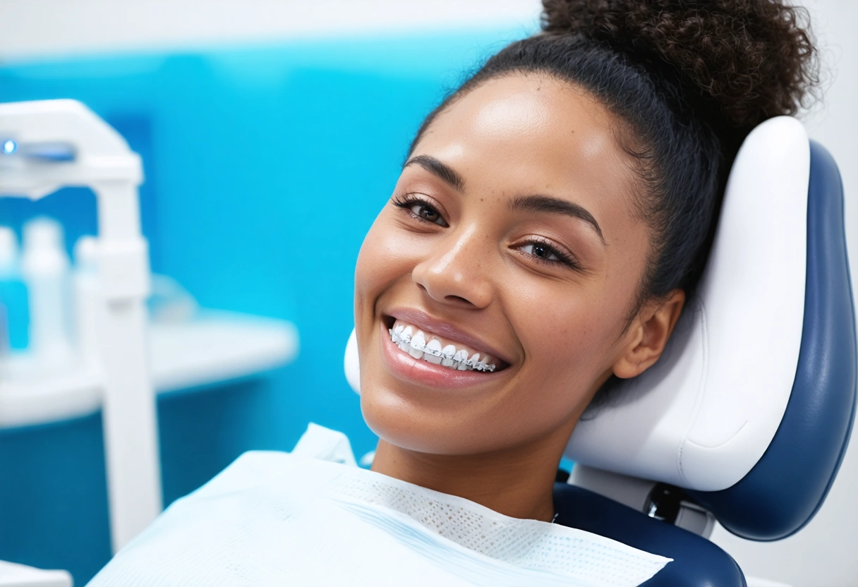 Patient wearing clear aligners, smiling in a coastal-themed dental office with calming blue tones.