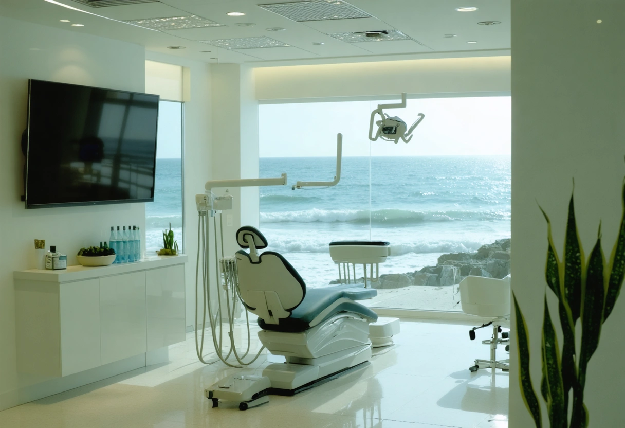 Calm dental office with dentist soothing patient, spa-like decor, ocean theme, tranquil ambiance.