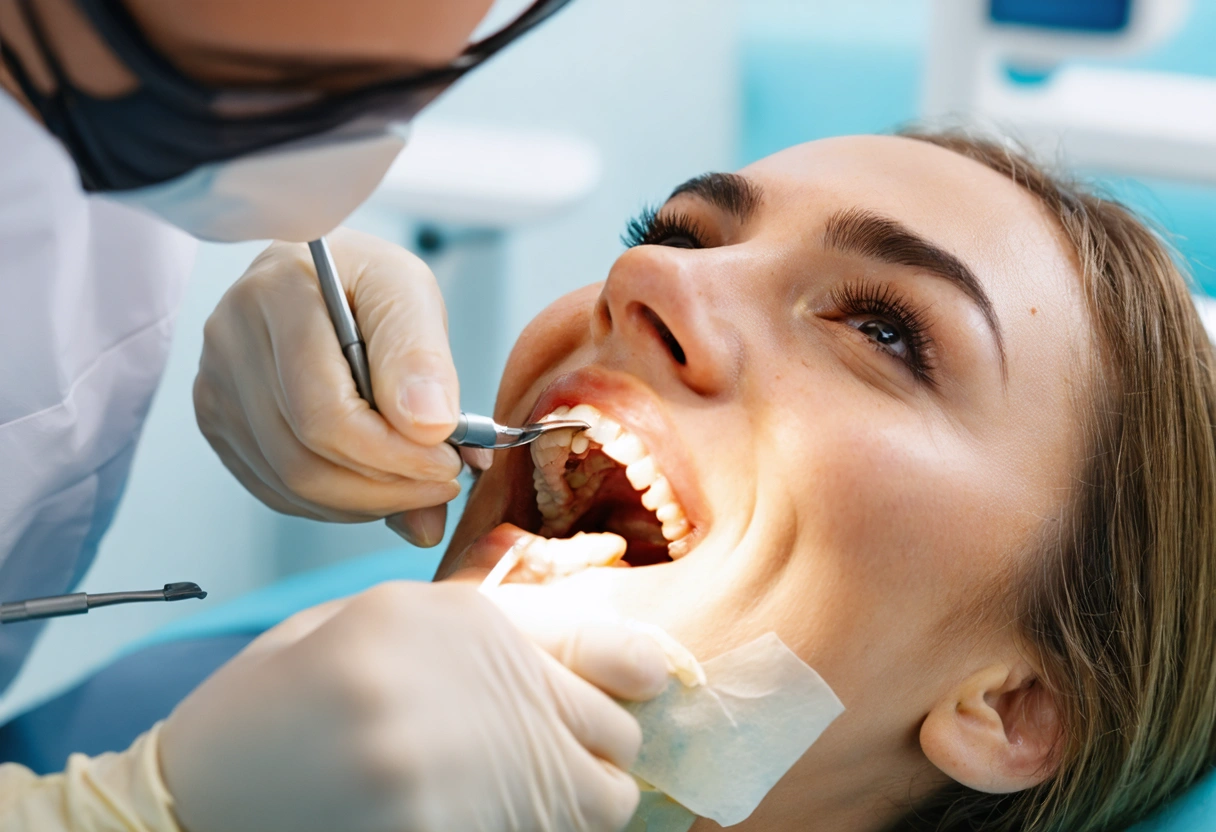 Dental hygienist cleaning patient's teeth in a serene, ocean-themed office setting.