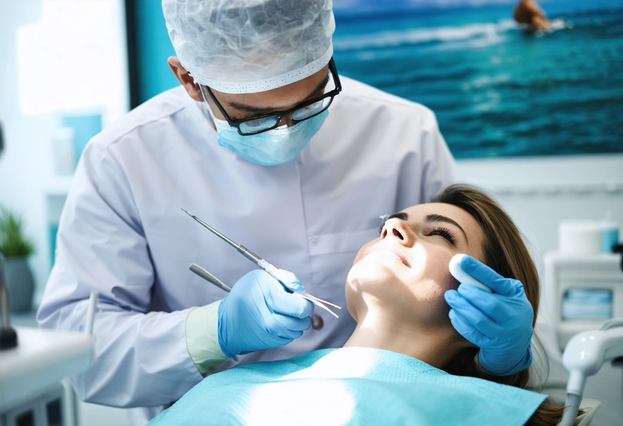 Tranquil dental studio with ocean-inspired decor, dentist working gently, spa-like atmosphere.