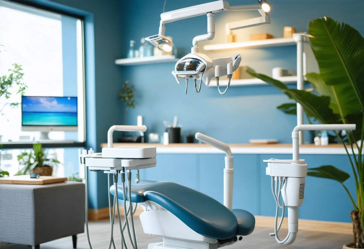 Ocean-inspired dental studio with blue walls, sandy tones, and calming beachside lounge atmosphere.