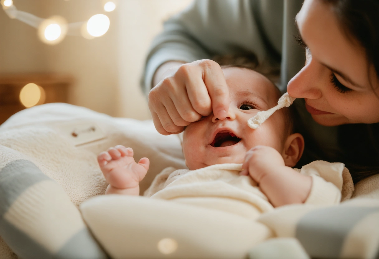 Parent gently cleaning baby's gums in a serene nursery, highlighting tender oral care.