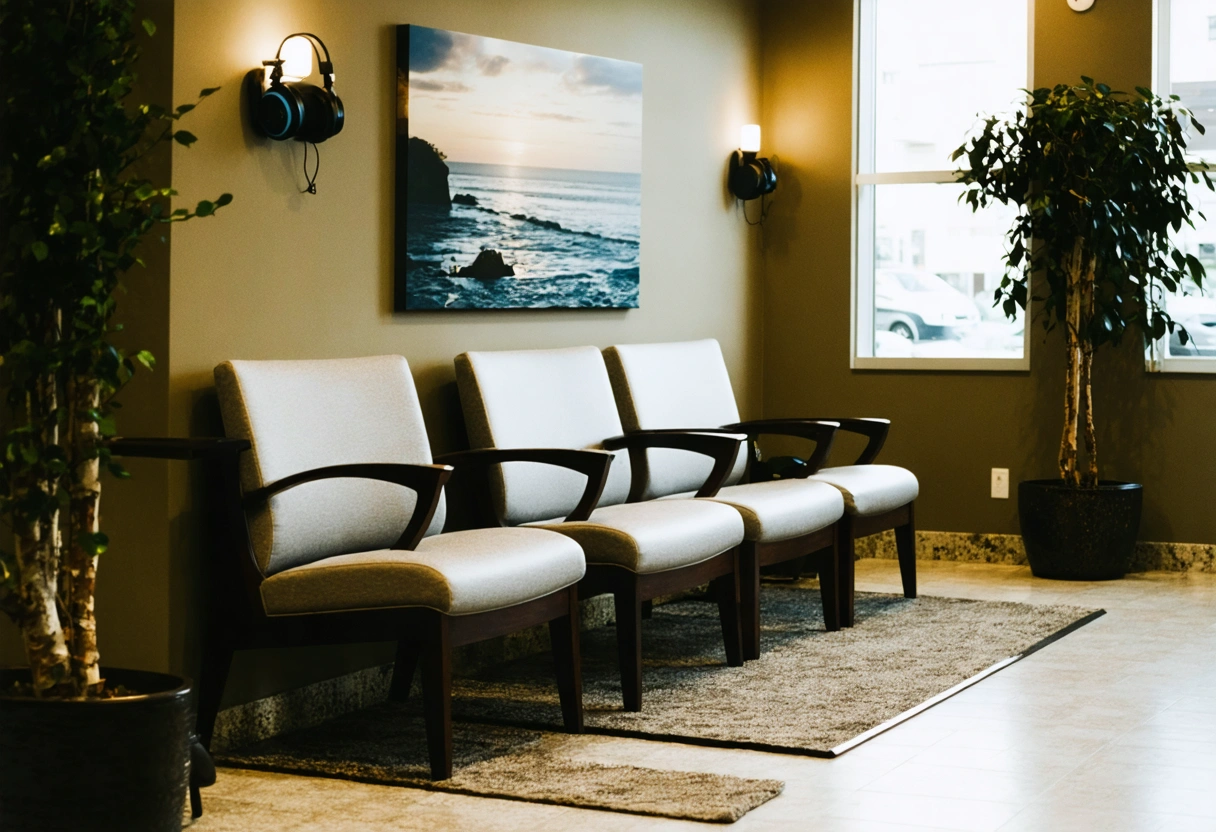 A soothing dental office waiting area with comfortable seating, soft blankets, and a refreshment station.