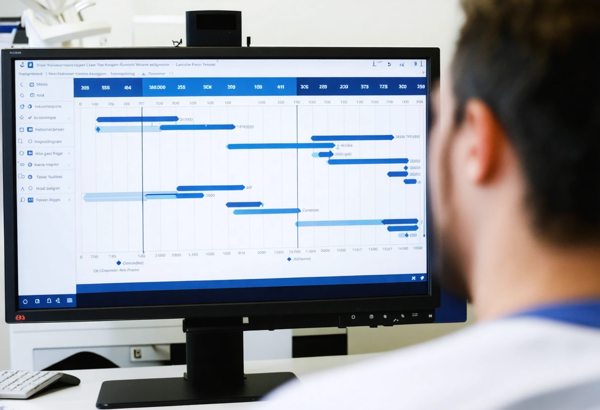 A timeline chart on a digital screen showing the progress of clear aligner treatment. The