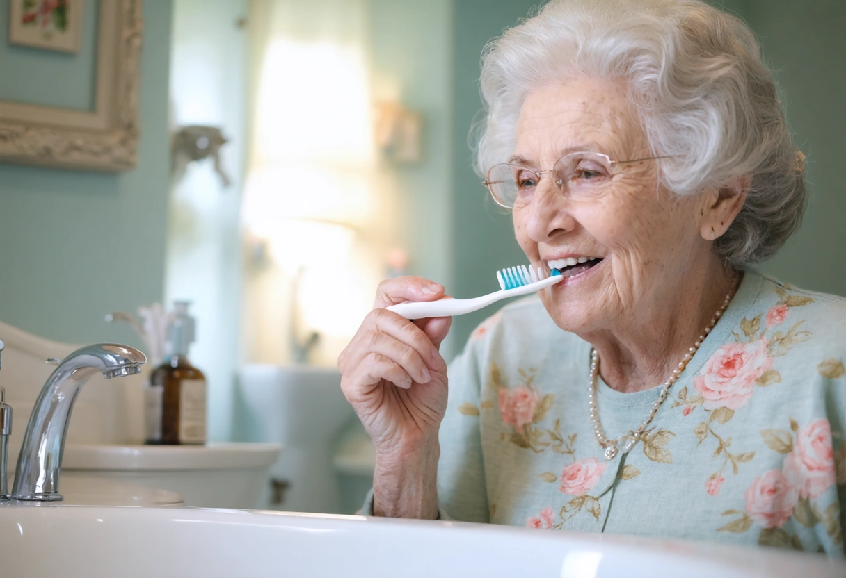 An elderly person in a cozy, well-lit bathroom carefully using a soft-bristled toothbrush. The setting