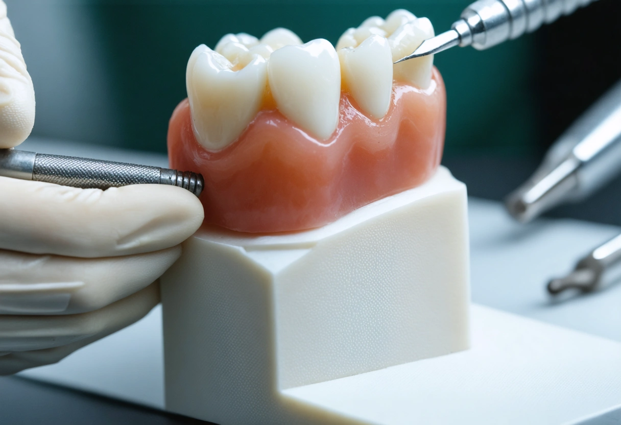 Close-up of a dental crown on a model tooth with tools in a professional setting.