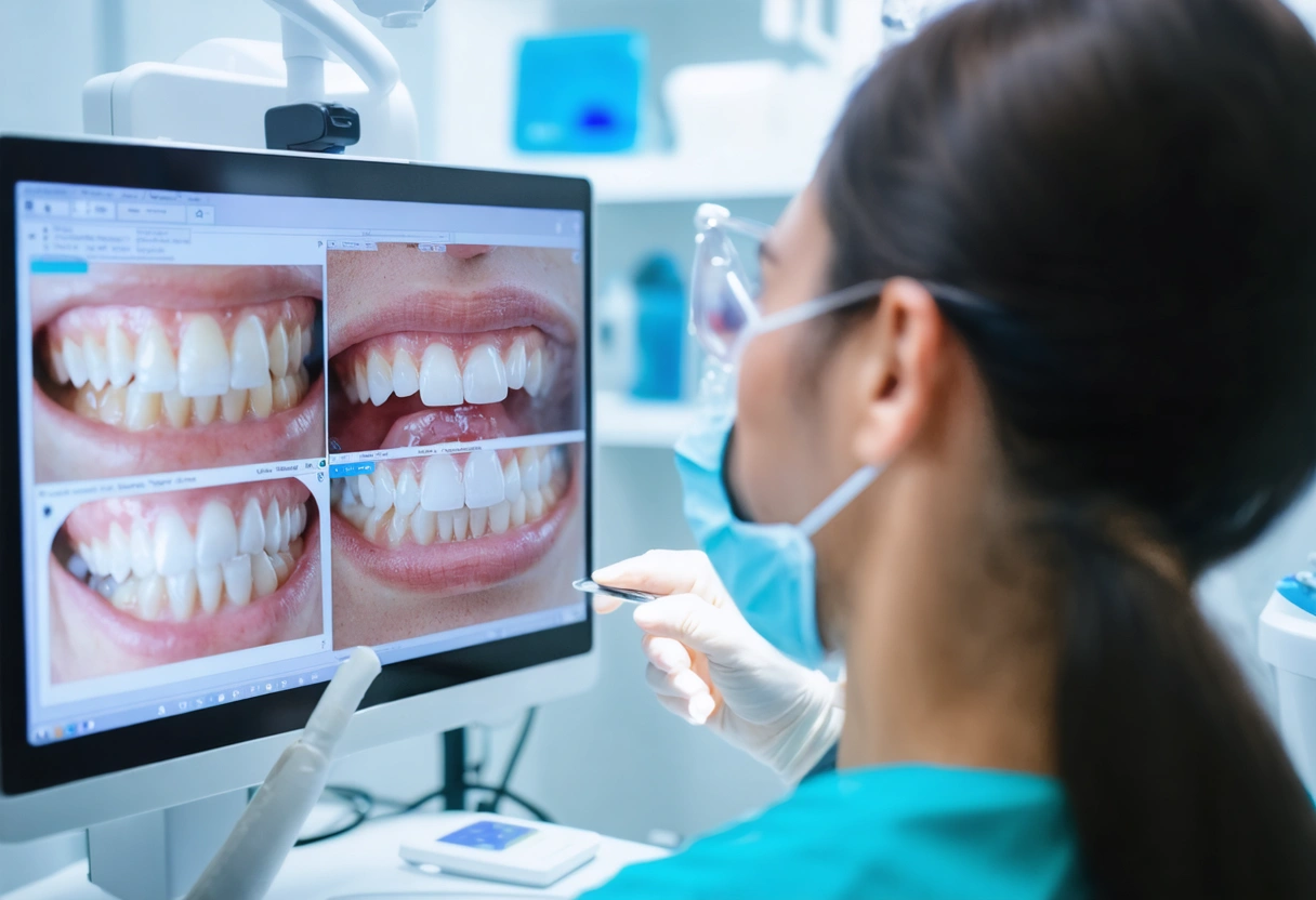 Dental professional discussing crowns with a patient, digital screen showing crown options, modern dental office