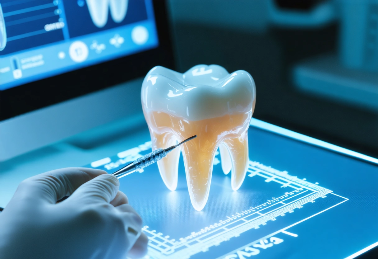 Dentist using digital tools to design a dental crown, computer screen showing 3D model, high-tech