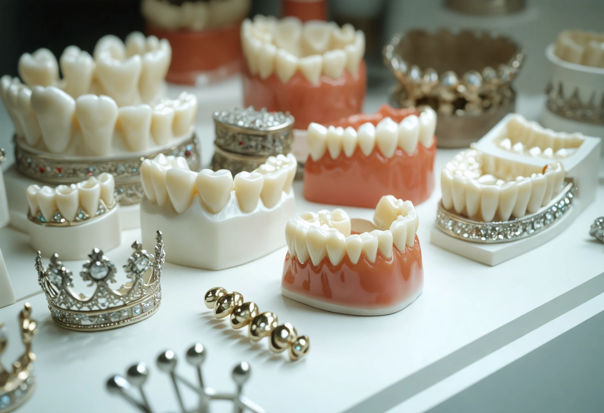Dentist's office with a dental crown on display, various crown materials like ceramic and metal