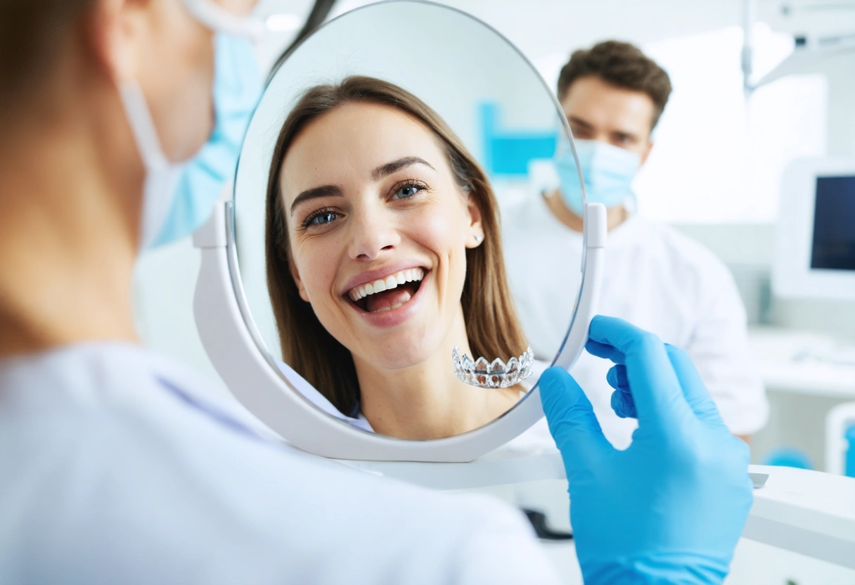 Happy patient looking in a mirror, admiring a new dental crown, dentist in the background