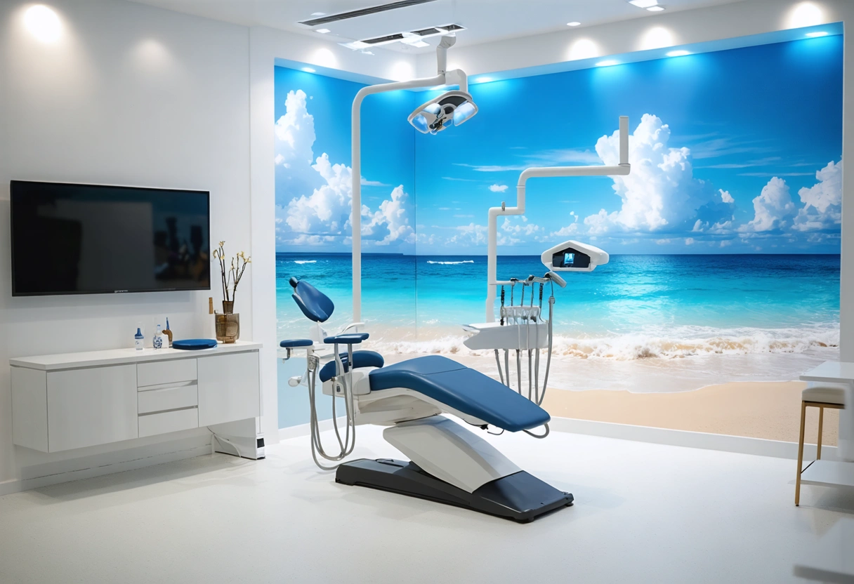 Modern dental studio with advanced tech like digital imaging and CAD/CAM, set against a tranquil