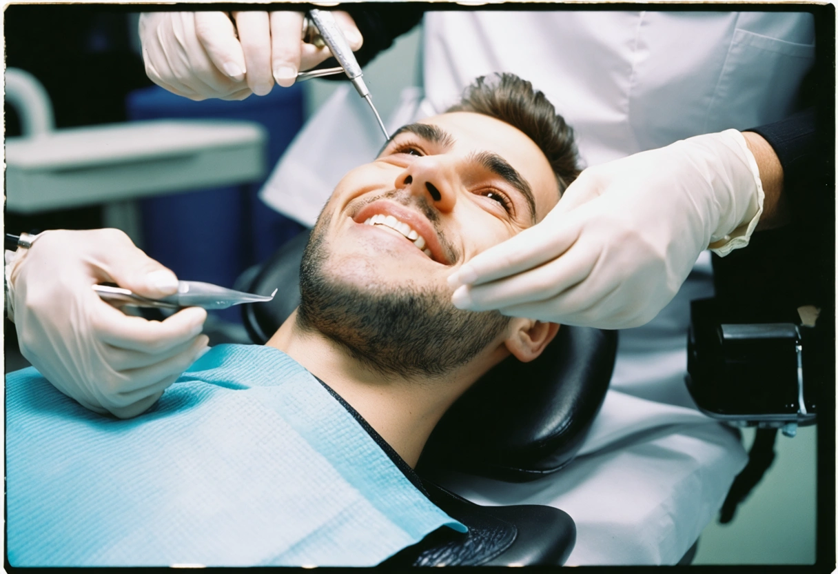 Patient in a dental chair expressing concern, dentist explaining with a reassuring smile, dental tools