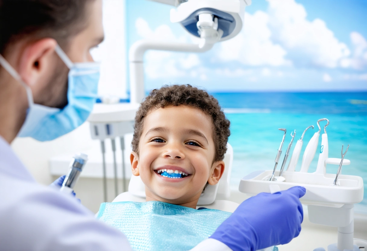 A bright dental office where a child confidently smiles after a check-up. The setting is