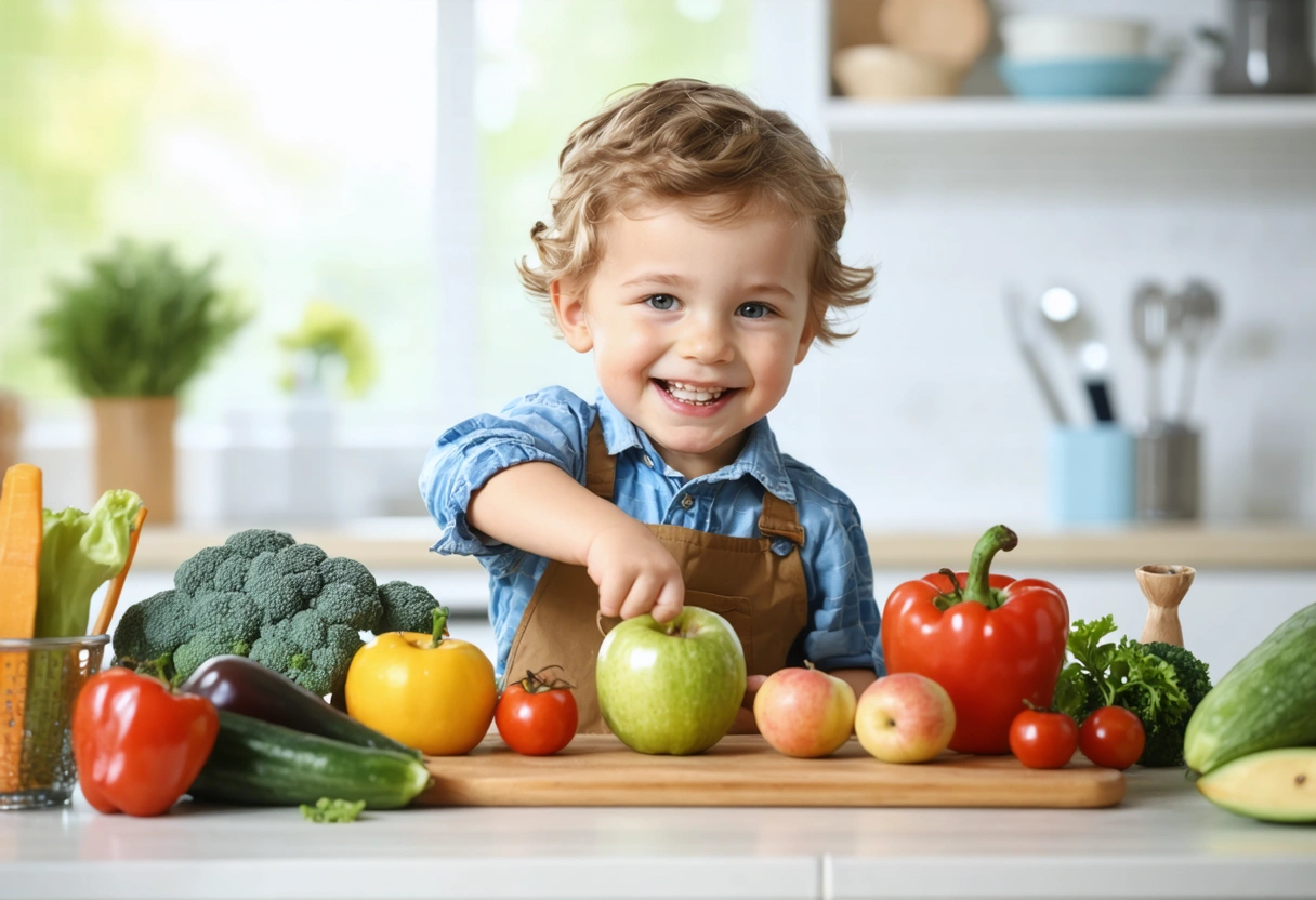 A cheerful kitchen table with a variety of healthy foods like fruits and vegetables. A