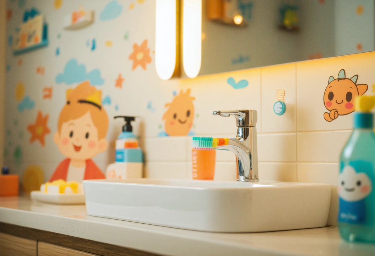 A cozy bathroom scene where a child uses a colorful toothbrush with a timer. The