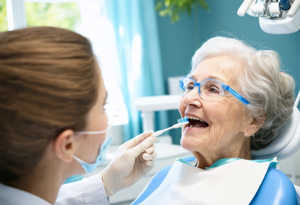 A dental hygienist explaining oral hygiene to an elderly patient in a cozy, spa-like dental