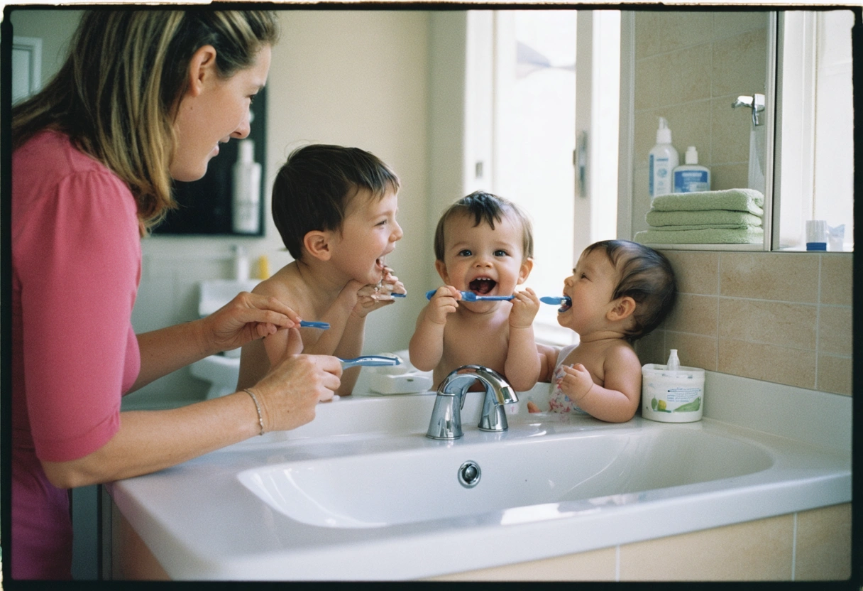 A family bathroom scene with parents and children brushing teeth together, fostering a culture of