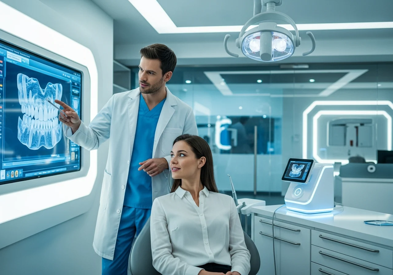 A modern dental clinic showcasing digital imaging technology. A dentist reviews a patient's dental images