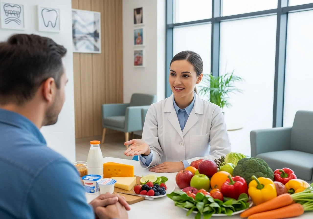 A nutritionist in a dental clinic discussing a healthy diet with a patient. A table