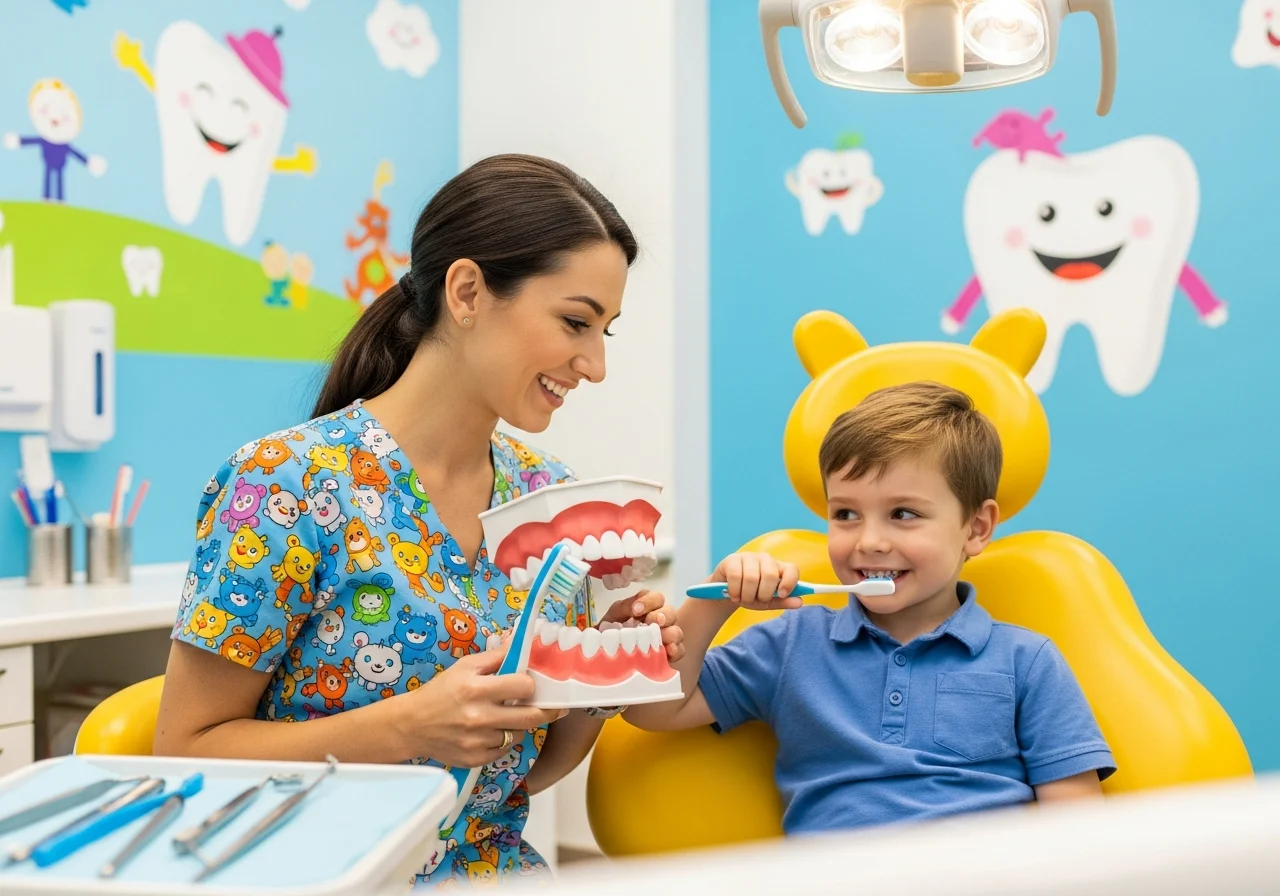 A pediatric dentist teaching a young child how to brush teeth properly in a colorful,