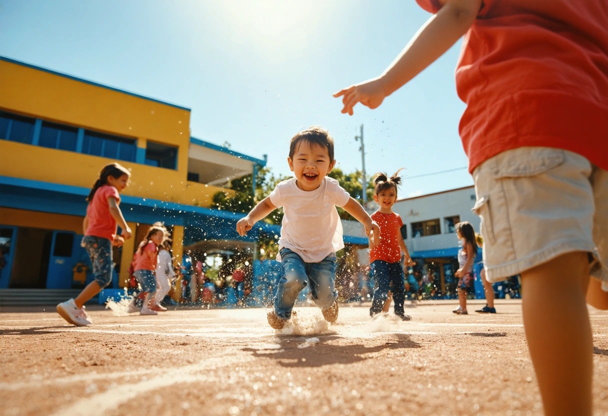 A school playground where a child confidently interacts with peers, showcasing the positive impact of