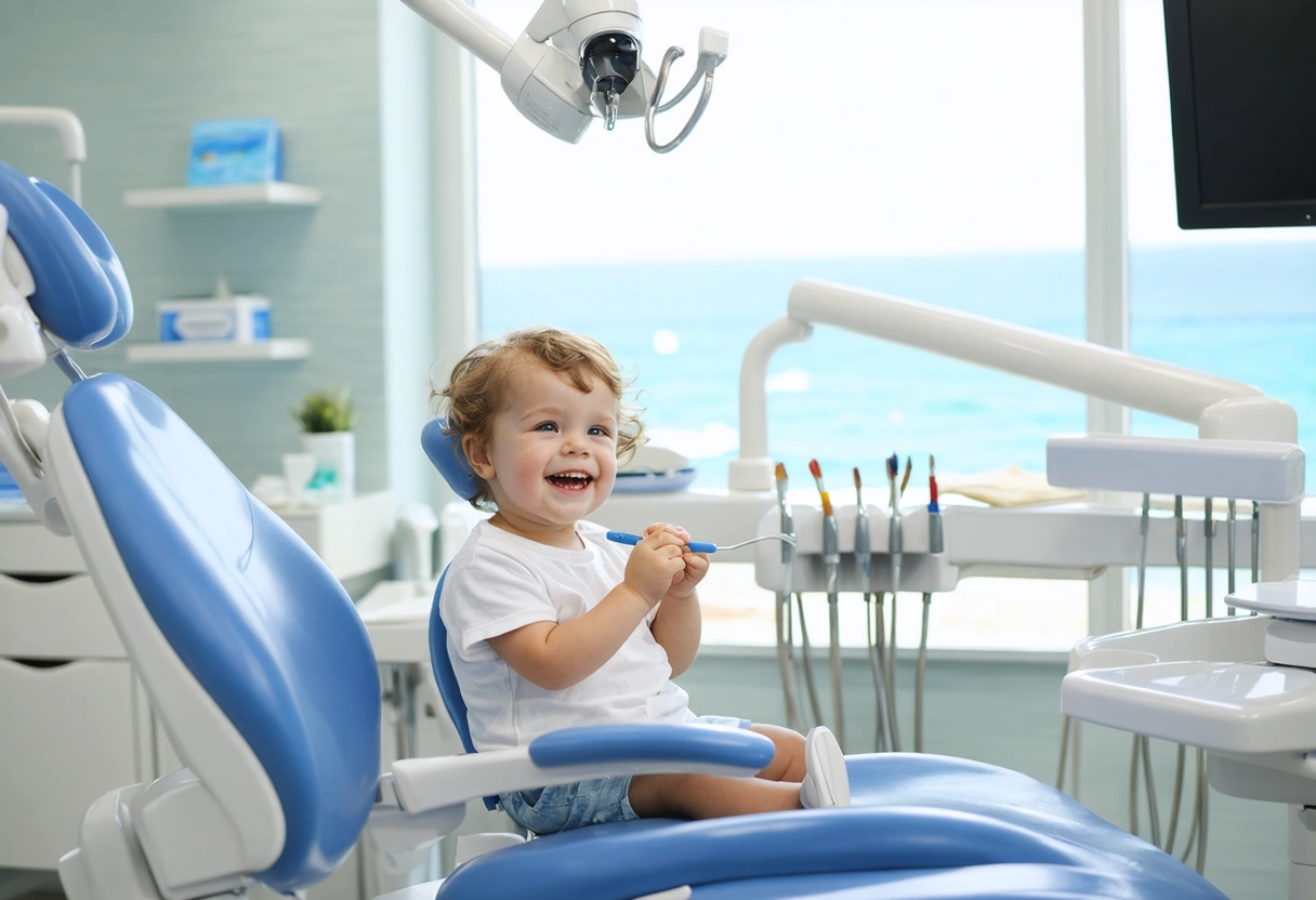 Child learning oral hygiene from a dentist in a bright, ocean-themed dental clinic.
