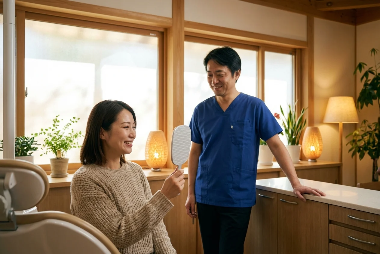 Patient admiring smile in serene dental office