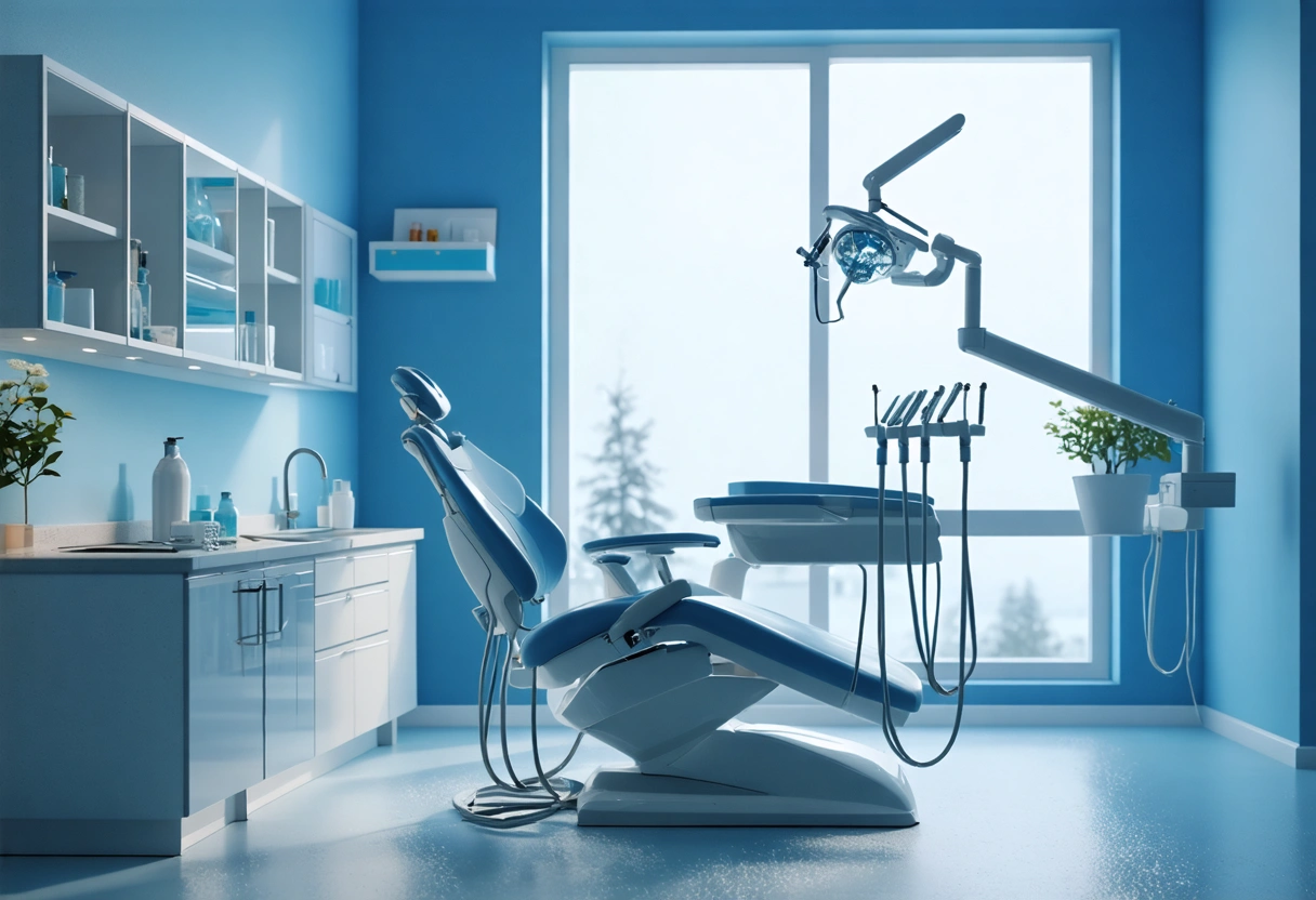 Tranquil dental studio with calming blue tones, natural light, and comfortable seating.