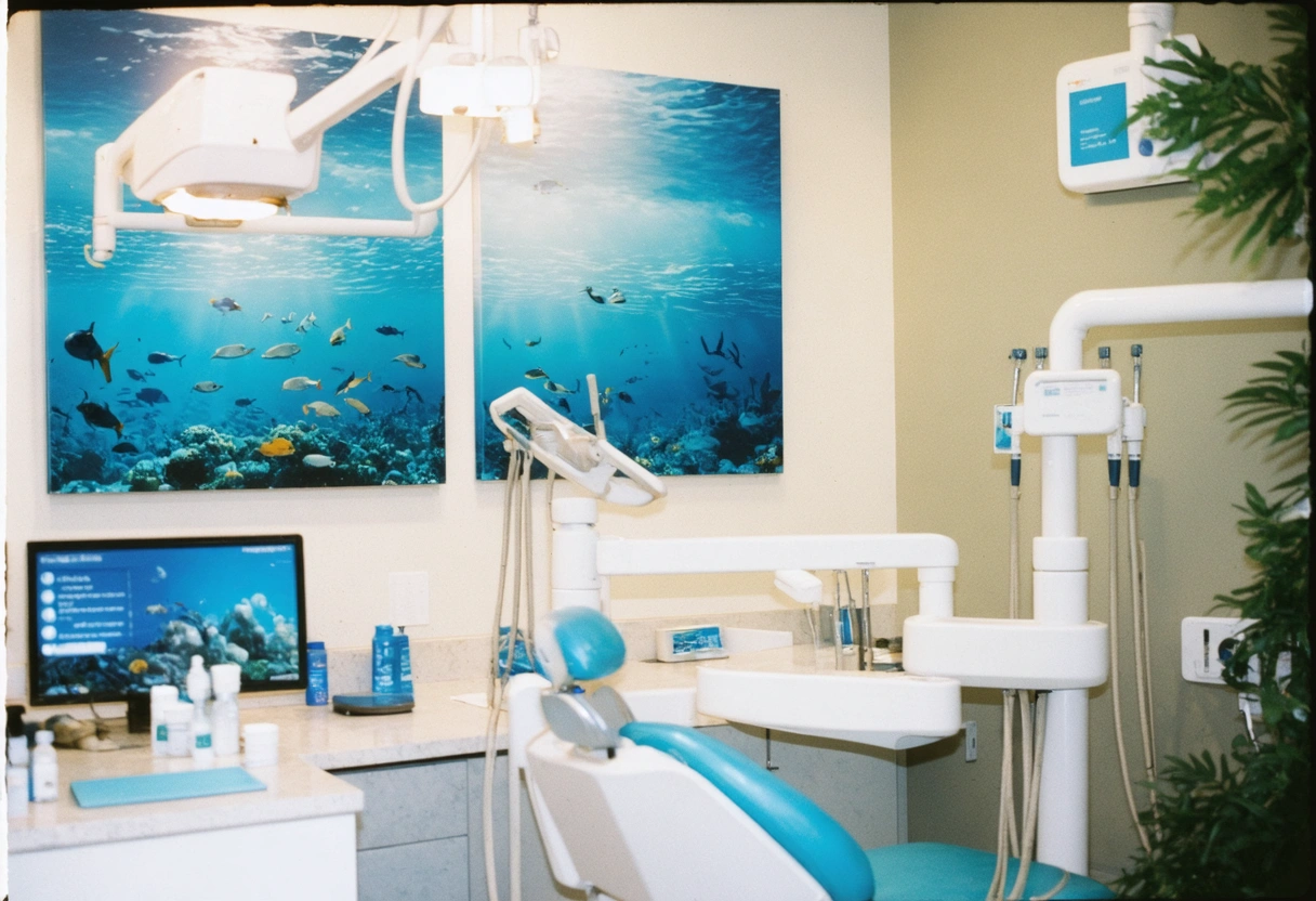 A welcoming dental studio with ocean-inspired decor. A dentist and patient discuss oral health strategies.