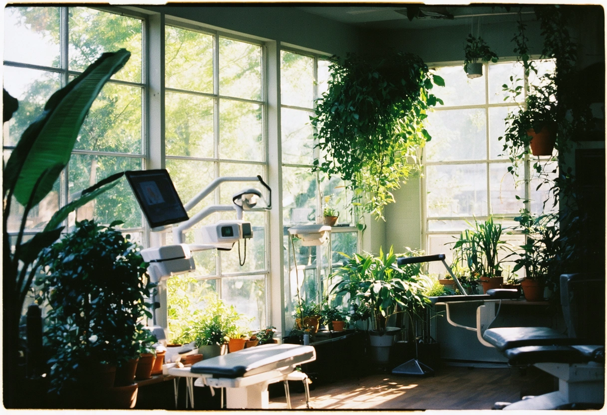 Dental studio interior with large windows, sunlight streaming in, and lush green plants. The natural
