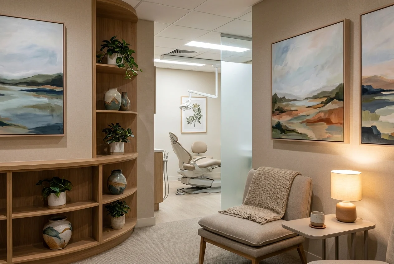 Dental studio with artistic decor, soothing color palette, and personalized patient spaces. The environment is