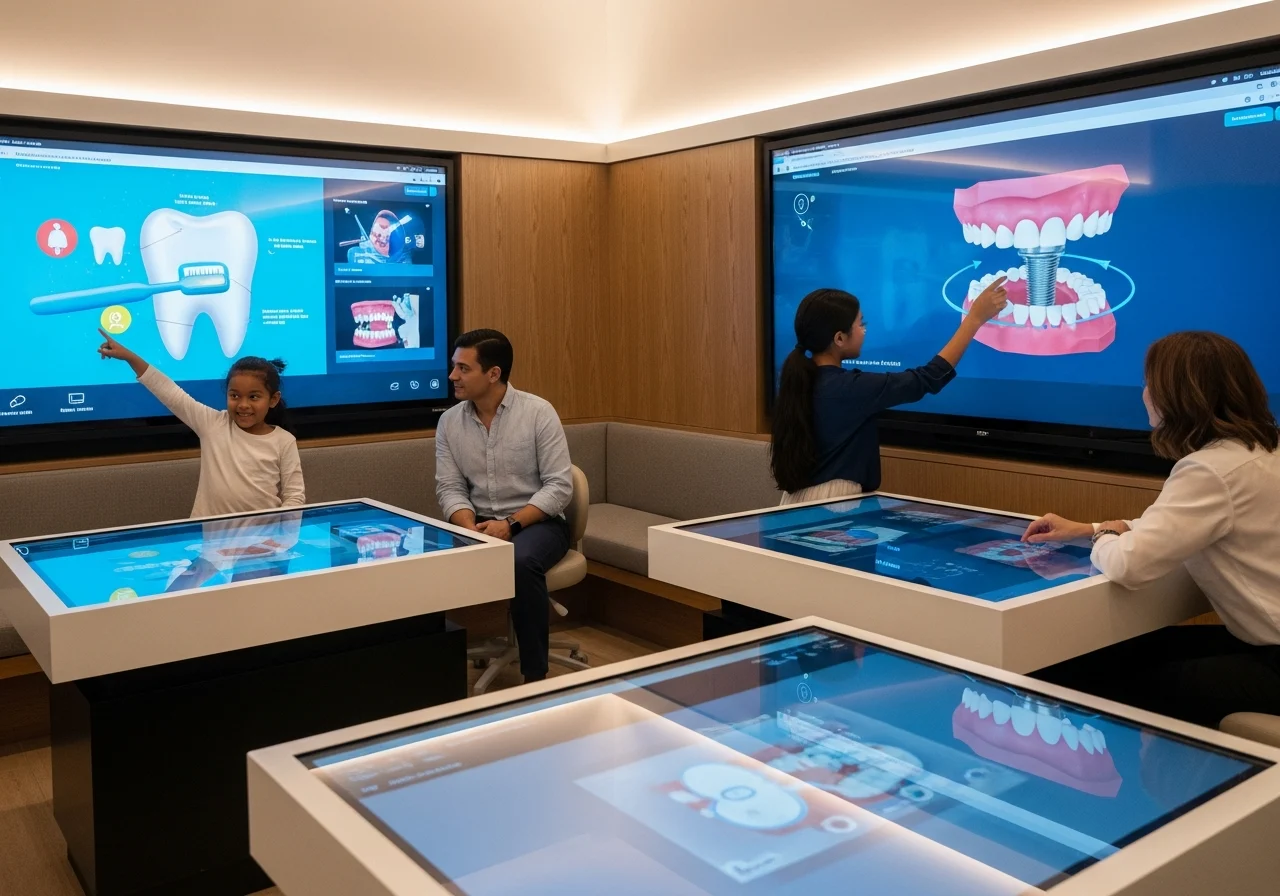 Dental studio with interactive digital displays and educational content. Patients engage with informative screens, enhancing