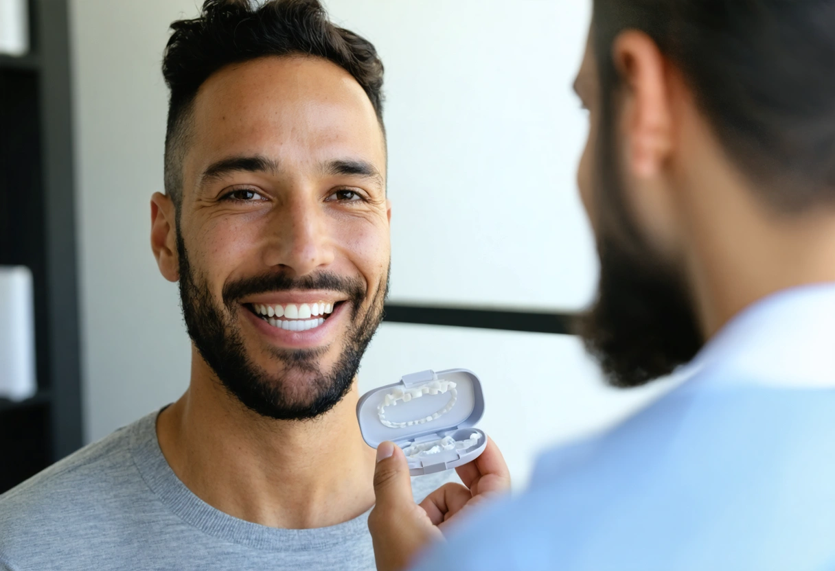 Patient smiling with retainer case, dentist nearby in warm interior