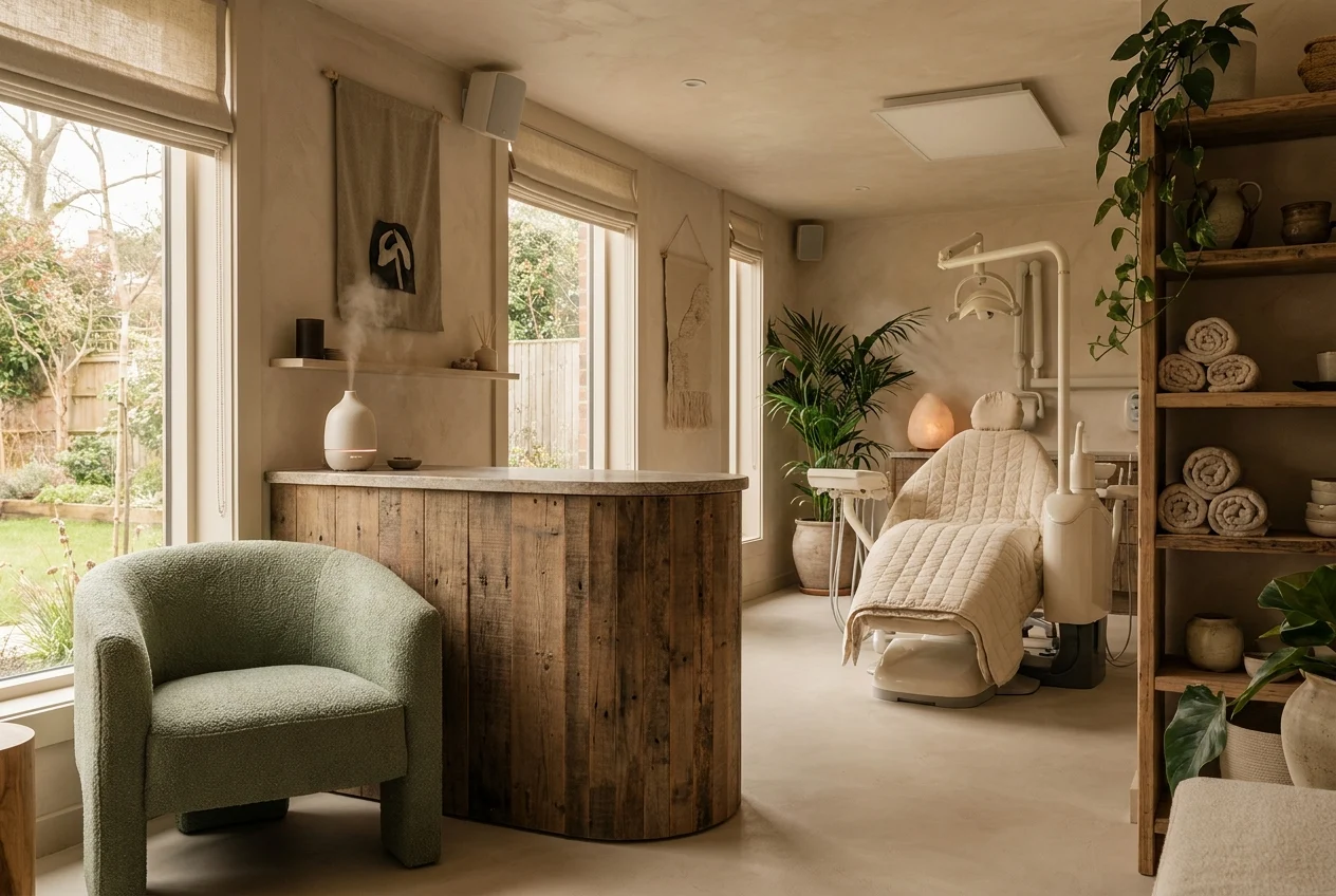Interior of a dental studio with calming music, pleasant scents, and textured surfaces. The multi-sensory