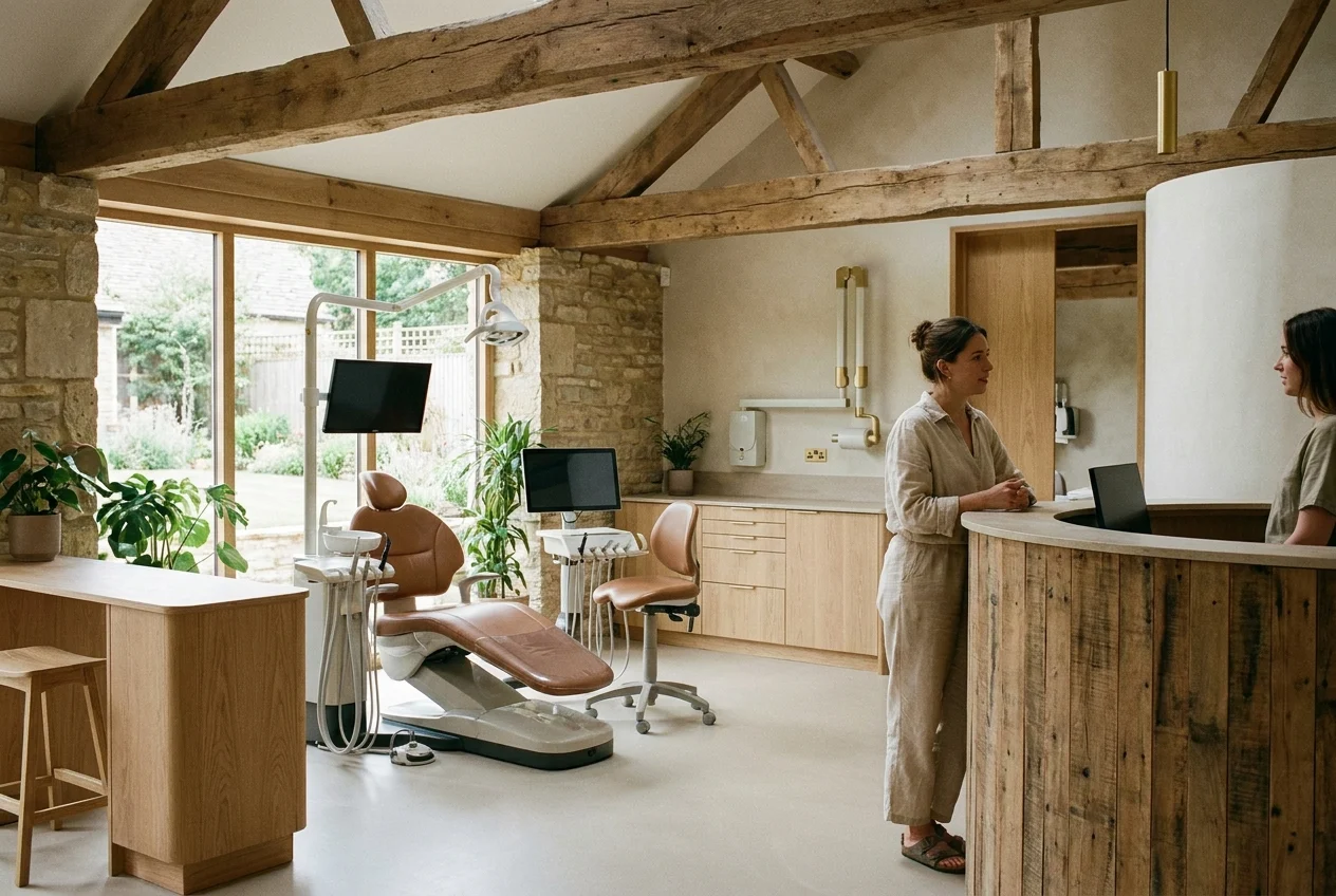 Modern dental studio featuring natural materials and advanced technology. The space is designed as a