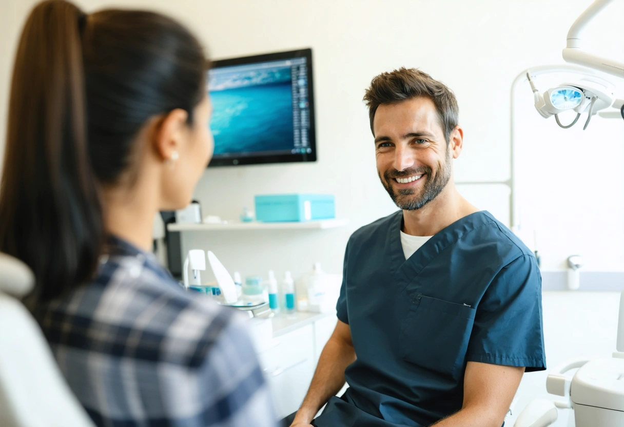 Patient discussing aligner discomfort with dental team member
